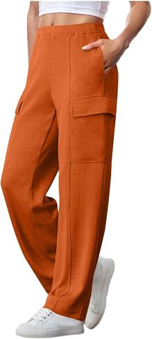 بنطلون رياضي نسائي للركض مع جيوب سروال رياضي عالي الخصر واسع الساق غير رسمي مكبل من الأسفل in Kuwait