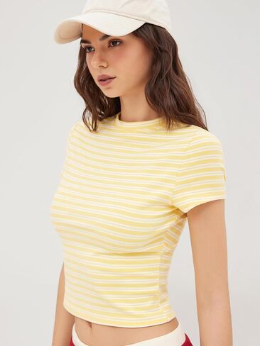 CIDER T Shirt Women Trendy Stripe Crew Neck Short Sleeve Slim Fit Tee Basic Tops Casual Tshirt in Kuwait