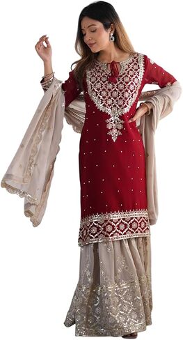 Women's Faux Georgette Sequins Embroidered Straight Kurta With Sharara Suit and Dupatta Set in Saudi Arabia