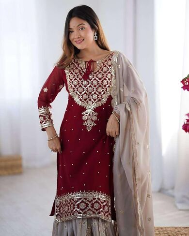 Women's Faux Georgette Sequins Embroidered Straight Kurta With Sharara Suit and Dupatta Set in Saudi Arabia