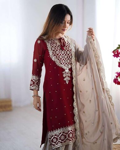 Women's Faux Georgette Sequins Embroidered Straight Kurta With Sharara Suit and Dupatta Set in Saudi Arabia
