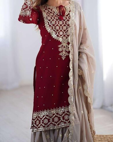 Women's Faux Georgette Sequins Embroidered Straight Kurta With Sharara Suit and Dupatta Set in Saudi Arabia