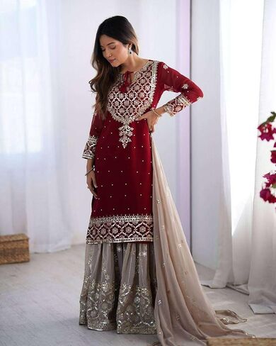 Women's Faux Georgette Sequins Embroidered Straight Kurta With Sharara Suit and Dupatta Set in Saudi Arabia