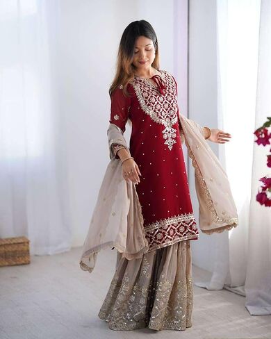 Women's Faux Georgette Sequins Embroidered Straight Kurta With Sharara Suit and Dupatta Set in Saudi Arabia