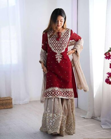 Women's Faux Georgette Sequins Embroidered Straight Kurta With Sharara Suit and Dupatta Set in Saudi Arabia