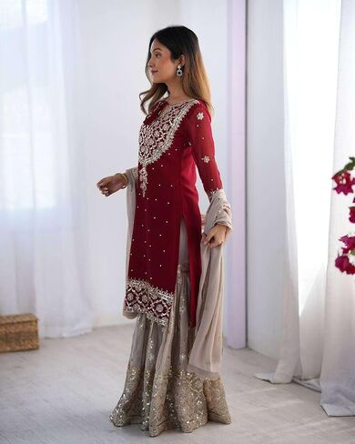 Women's Faux Georgette Sequins Embroidered Straight Kurta With Sharara Suit and Dupatta Set in Saudi Arabia