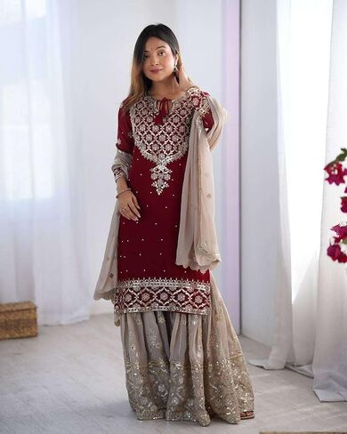 Women's Faux Georgette Sequins Embroidered Straight Kurta With Sharara Suit and Dupatta Set in Saudi Arabia