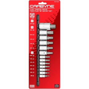 مجموعة مقابس توركس بلس المقاومة للتلاعب مكونة من 13 قطعة من CARBYNE (المعروفة أيضًا باسم 5 لوب)، من TPR-8/IPR-8 إلى TPR-60/IPR-60، ولقم فولاذية S2، ومآخذ CRV | 1/4 بوصة، 3/8 بوصة، و1/2 بوصة in Kuwait