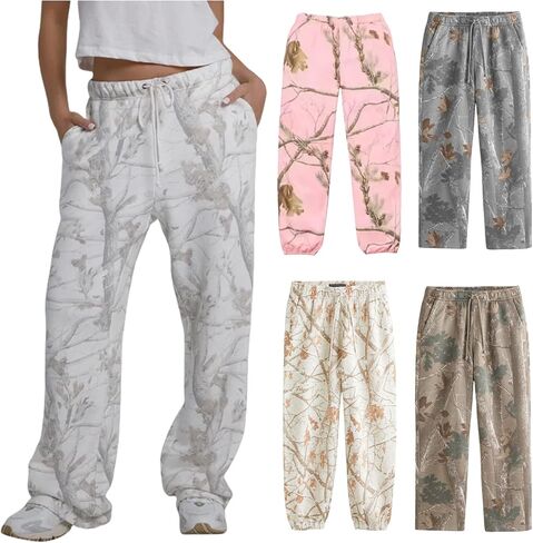كامو Sweatpants المرأة فضفاض واسعة الساق Sweatpants عادية مابل ليف طباعة السراويل عالية الخصر الرباط الصوف السراويل in Kuwait