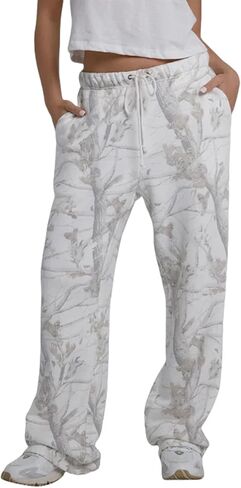 كامو Sweatpants المرأة فضفاض واسعة الساق Sweatpants عادية مابل ليف طباعة السراويل عالية الخصر الرباط الصوف السراويل in Kuwait