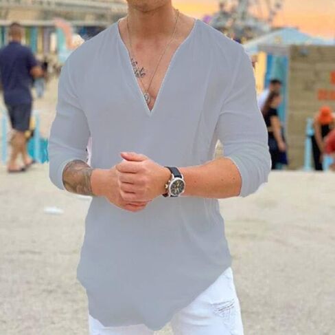 Men's Cotton Linen Long Sleeve Shirt Henley V-Neck T-Shirts Casual Beach Vacation Shirts in Saudi Arabia