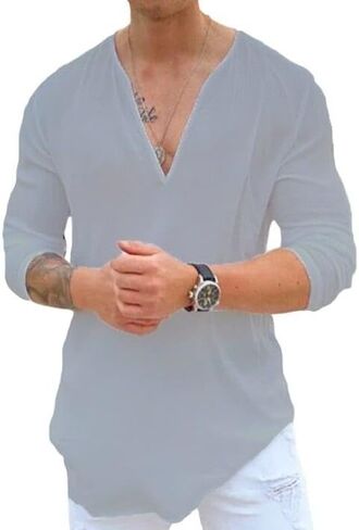 Men's Cotton Linen Long Sleeve Shirt Henley V-Neck T-Shirts Casual Beach Vacation Shirts in Saudi Arabia