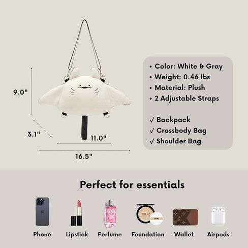 Cute Manta Ray Plush Mini Purse – Soft Stuffed Animal Backpack with Adjustable Straps, Small Crossbody Shoulder Bag for Women, Kids, Teens, Girls, Gift for Animal Lovers in Saudi Arabia