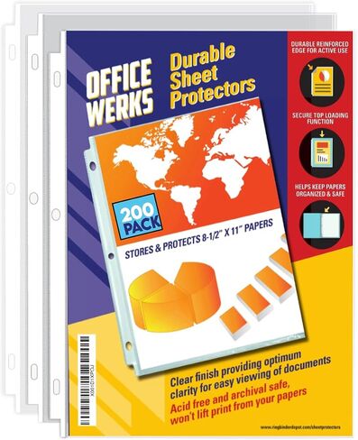 50 واقي ورق شفاف من Office Werks لـ 3 مجلدات حلقية، واقيات صفحات مقاس 8.5 × 11 بوصة، أوراق حماية ورق تحميل علوي مع فتحات معززة، آمنة أرشيفية للمستندات والصور in Kuwait