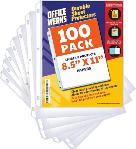 50 واقي ورق شفاف من Office Werks لـ 3 مجلدات حلقية، واقيات صفحات مقاس 8.5 × 11 بوصة، أوراق حماية ورق تحميل علوي مع فتحات معززة، آمنة أرشيفية للمستندات والصور in Kuwait