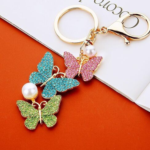 Rhinestone Butterfly Keychain with Pearl Accent Key Ring, Sparkling Bag Charm for Women, Multi-Color Fashion Accessory in Saudi Arabia