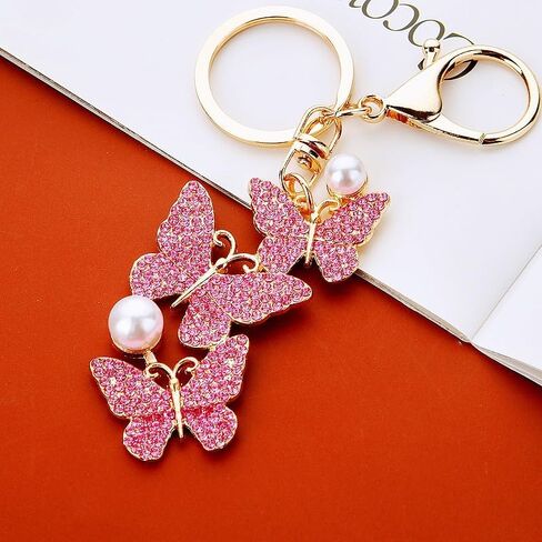 Rhinestone Butterfly Keychain with Pearl Accent Key Ring, Sparkling Bag Charm for Women, Multi-Color Fashion Accessory in Saudi Arabia
