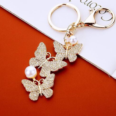 Rhinestone Butterfly Keychain with Pearl Accent Key Ring, Sparkling Bag Charm for Women, Multi-Color Fashion Accessory in Saudi Arabia