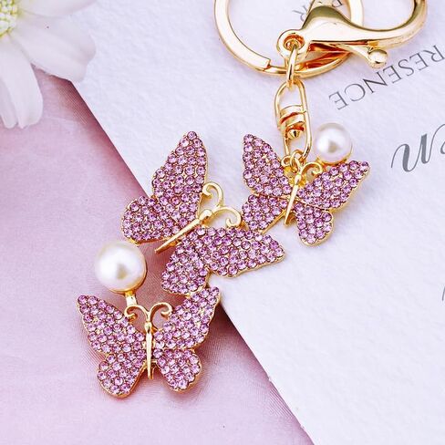 Rhinestone Butterfly Keychain with Pearl Accent Key Ring, Sparkling Bag Charm for Women, Multi-Color Fashion Accessory in Saudi Arabia