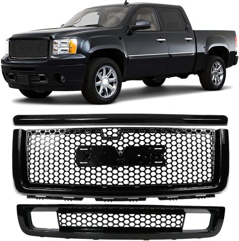 غطاء محرك السيارة الأمامي وشبكة علوية وشبكة مصد سفلية متوافقة مع 2007-2013 GMC Sierra 1500 Denali Mesh Style أسود غير لامع من IKON MOTORSPORTS، 2008 2009 2010 2011 2012 in Saudi Arabia