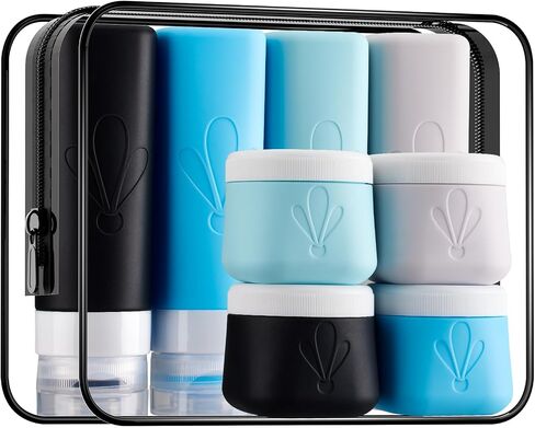 INSFIT 8 Pack Silicone Travel Bottles & Cream Jars with Toiletry Bag, 3oz Leakproof Containers & 2oz Jars with Waterproof Labels, BPA-Free Squeezable Toiletries Set for Shampoo, Lotion, Cosmetics in Kuwait