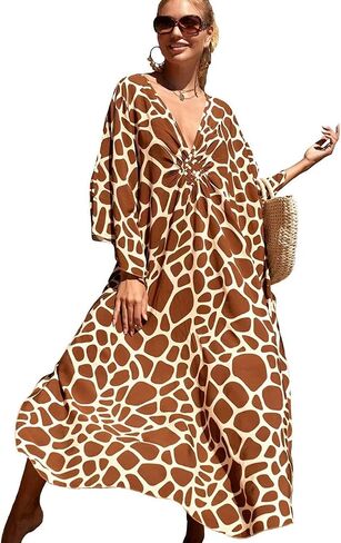 Women’s Giraffe Print Kaftan Cover Up – Boho V Neck Maxi Beach Dress – Flowy Swimsuit Coverup for Vacation, Pool, Cruise & Resort Wear, For under 150 lbs in Saudi Arabia