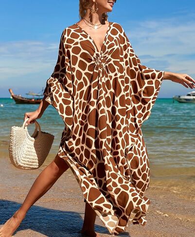 Women’s Giraffe Print Kaftan Cover Up – Boho V Neck Maxi Beach Dress – Flowy Swimsuit Coverup for Vacation, Pool, Cruise & Resort Wear, For under 150 lbs in Saudi Arabia