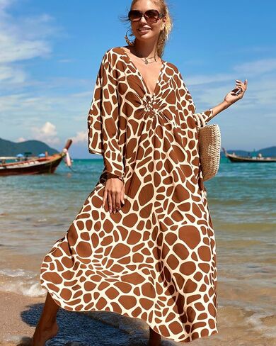 Women’s Giraffe Print Kaftan Cover Up – Boho V Neck Maxi Beach Dress – Flowy Swimsuit Coverup for Vacation, Pool, Cruise & Resort Wear, For under 150 lbs in Saudi Arabia