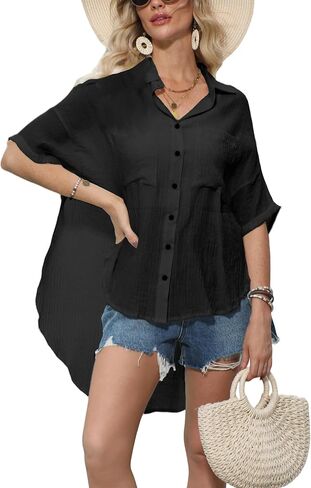 Womens Beach Cover Up Button Up Swimsuit Coverup Short Sleeve Bathing Suit Linen Vacation Shirts in Saudi Arabia
