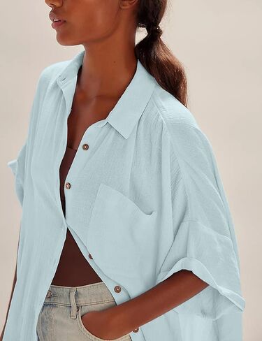 Womens Beach Cover Up Button Up Swimsuit Coverup Short Sleeve Bathing Suit Linen Vacation Shirts in Saudi Arabia