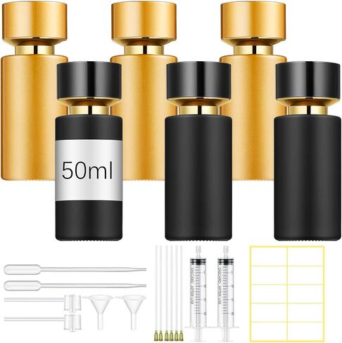 12 عبوة من زجاجات العطور الزجاجية ومجموعة أدوات إعادة التعبئة، 50 مل، زجاجات رذاذ عطر للسفر، أوعية رذاذ محمولة فارغة قابلة لإعادة الملء مع مجموعة نقل موزع (أسود) in Kuwait