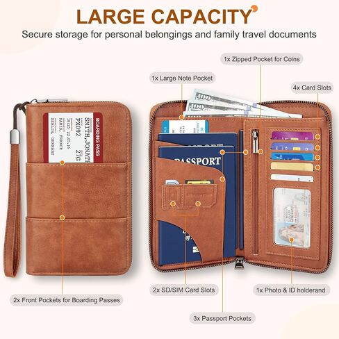 Family Passport Holder Wallet with Zipper, RFID Blocking Travel Document Organizer, PU Leather Passport Wallet for Women Men, Passport Cover Travel Wallet for Boarding Pass, ID, Money, Tickets in Saudi Arabia