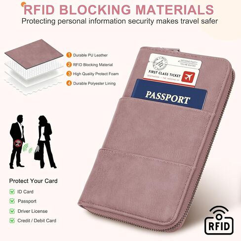 محفظة حامل جواز السفر العائلية مع سحاب، منظم وثائق السفر بخاصية RFID، محفظة جواز السفر من جلد البولي يوريثان للنساء والرجال، محفظة سفر بغطاء جواز السفر لبطاقة الصعود إلى الطائرة، الهوية، المال، التذاكر in Kuwait