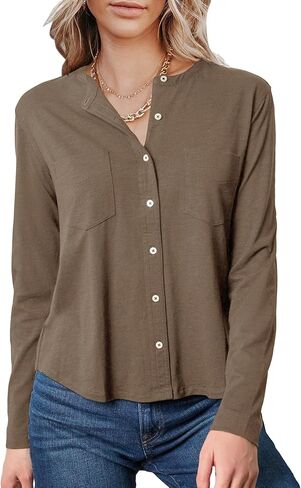 بلوزات نسائية من Sunborui بأكمام طويلة ورقبة دائرية وأزرار سفلية وقمصان علوية مع جيوب in Kuwait