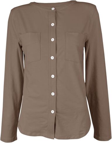 بلوزات نسائية من Sunborui بأكمام طويلة ورقبة دائرية وأزرار سفلية وقمصان علوية مع جيوب in Kuwait