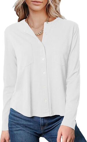 Sunborui Women's Long Sleeve Round Neck Blouses Button Down Placket Shirts Tops with Pockets in Kuwait