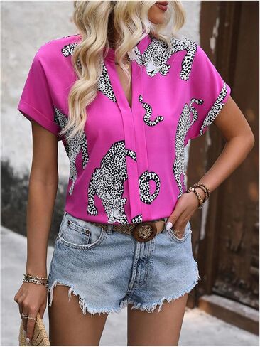 WDIRARA Women's Leopard Print Notched V Neck Blouse Short Sleeve Tops Shirt in Saudi Arabia