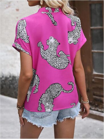 WDIRARA Women's Leopard Print Notched V Neck Blouse Short Sleeve Tops Shirt in Saudi Arabia