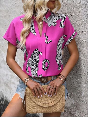 WDIRARA Women's Leopard Print Notched V Neck Blouse Short Sleeve Tops Shirt in Saudi Arabia