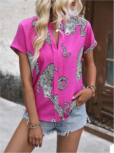 WDIRARA Women's Leopard Print Notched V Neck Blouse Short Sleeve Tops Shirt in Saudi Arabia