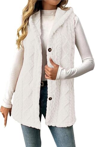 Fuzzy Fleece Vest for Women Sleeveless Hooded Jackets Button Down Long Sherpa Vest Fluffy Soft Comfy Warm Outerwear in Saudi Arabia