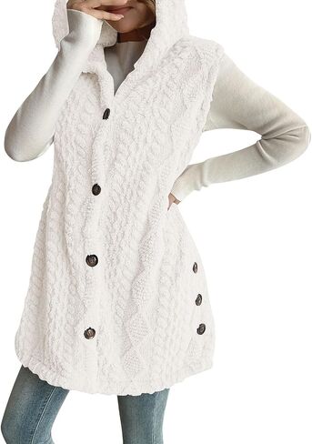 Fuzzy Fleece Vest for Women Sleeveless Hooded Jackets Button Down Long Sherpa Vest Fluffy Soft Comfy Warm Outerwear in Saudi Arabia