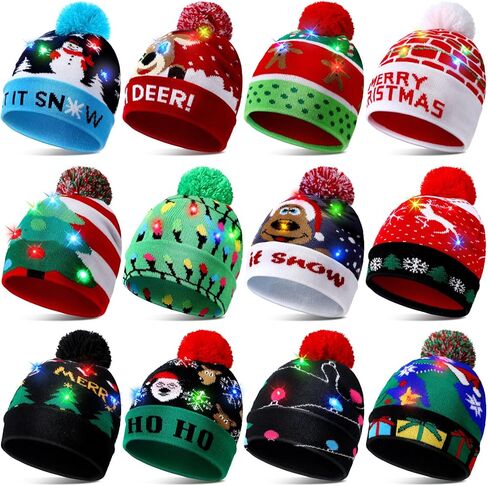 Geyoga 12 Pcs LED Christmas Sweater Hat Light up Xmas Beanie Knitted Cap Unisex Winter Hat, Lovely Style in Saudi Arabia