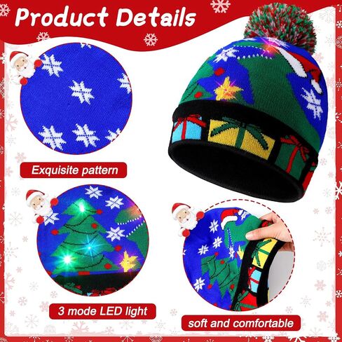 Geyoga 12 Pcs LED Christmas Sweater Hat Light up Xmas Beanie Knitted Cap Unisex Winter Hat, Lovely Style in Saudi Arabia