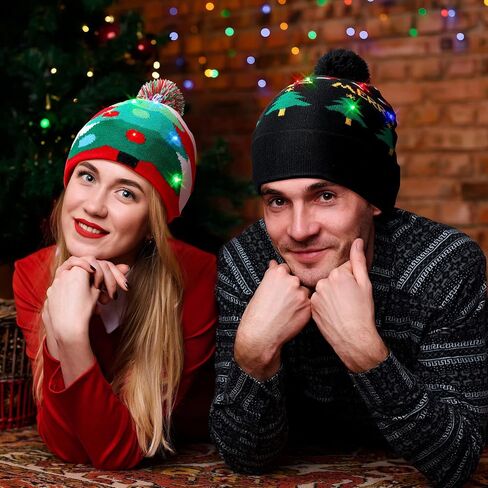 Geyoga 12 Pcs LED Christmas Sweater Hat Light up Xmas Beanie Knitted Cap Unisex Winter Hat, Lovely Style in Saudi Arabia