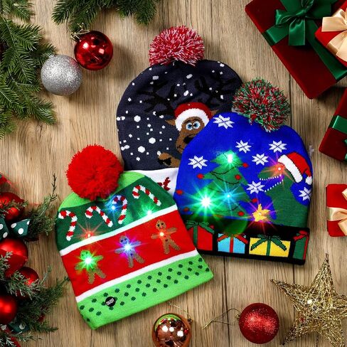 Geyoga 12 Pcs LED Christmas Sweater Hat Light up Xmas Beanie Knitted Cap Unisex Winter Hat, Lovely Style in Saudi Arabia