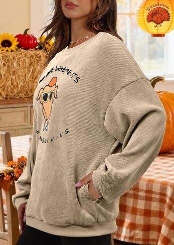DUTUT Thanksgiving Sweatshirt Women Oversized Shirts: Turkey Graphic Sweatshirt Thanksgiving Party Pullover with Pockets in Kuwait