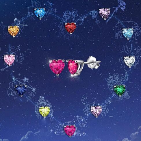 925 Sterling Silver Birthstone Heart Stud Earrings for Women, Gemstone Earring with 12 Colours Anniversary Birthday Jewellery Gift in Saudi Arabia