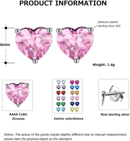 925 Sterling Silver Birthstone Heart Stud Earrings for Women, Gemstone Earring with 12 Colours Anniversary Birthday Jewellery Gift in Saudi Arabia