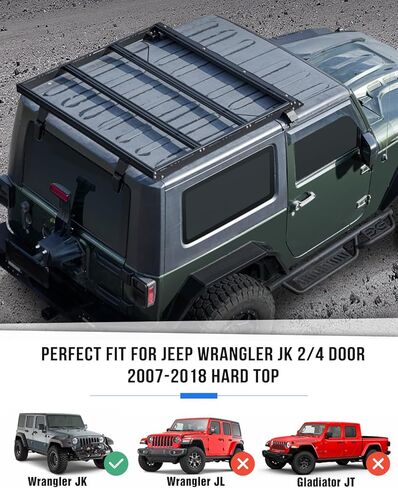 ROADER JK سلة شحن خلفية لحامل السقف مناسبة لسيارة Jeep Wrangler JK 2007-2018 Hardtop 4 أبواب، منصة سقف كاملة الطول وقضبان متقاطعة من الألومنيوم على السطح العلوي لتخزين البضائع in Kuwait